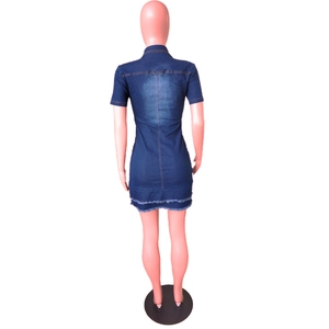 Rear view of a slim fit blue denim mini dress featuring raw hem and back stitching details