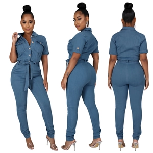 Front, side, and back views of a short sleeve denim jumpsuit with waist belt and collar