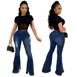 Damen High Waist Schlagjeans Zerrissene Distressed Denim Hose Fransensaum Schlitz Schlaghose Tiefblau Streetwear Mode