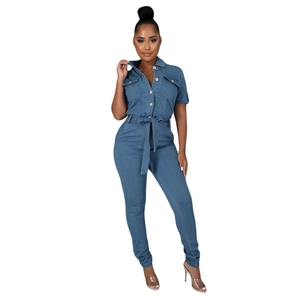 Short sleeve dark blue denim jumpsuit with waist tie and button front for women