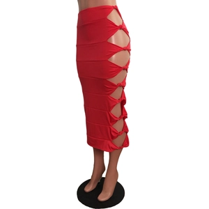 Detail of red hollow-out knotting design on high waist bodycon midi skirt side