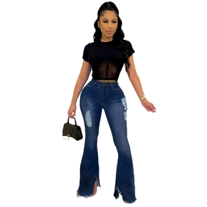 Dunkelblaue Schlaghose mit hoher Taille, Distressed-Details und geschlitztem Saum