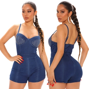 Slim fit denim romper with rhinestone stripes and adjustable spaghetti straps in dark blue