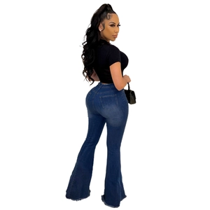 Dunkelblaue Schlaghose mit hoher Taille und Fransensaum, eng anliegende Passform