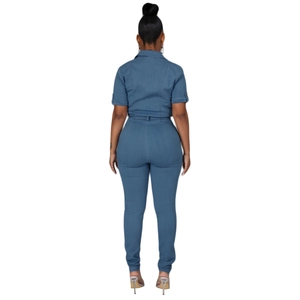 Women's blue denim short sleeve jumpsuit with slim fit and tie waist back view