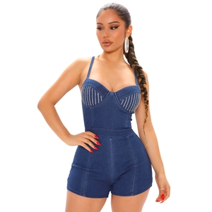 Detail of slim-fit denim romper with silver rhinestones and adjustable spaghetti straps