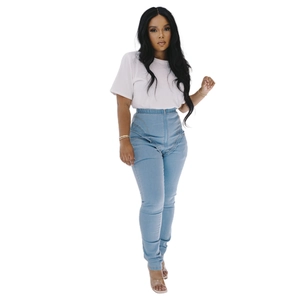 Women's high waist skinny light blue jeans featuring a full-length metal front zipper