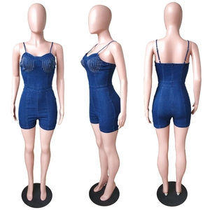 Detailed views of slim-fit denim romper with sparkling rhinestones and heart-shaped neckline