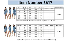 Detailed size chart for distressed denim dress with tassels and ripped design in S to 3XL