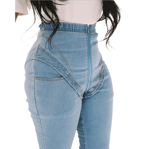 Women's high waist stretch jeans in light blue denim with unique V-cut front and metal zipper