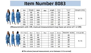 Tableau des tailles du manteau long en jean avec mesures détaillées du S au 3XL en cm