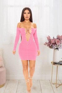 Detail of hot pink ribbed knit dress with sexy lace-up cutout design and off-shoulder fit