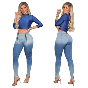 Jean skinny dégradé bleu pour femme avec haut court bleu marine et fermetures éclair