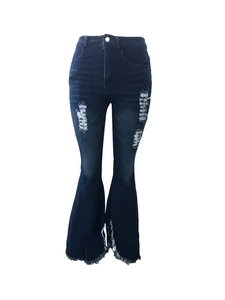 Detail von Schlagjeans mit hoher Taille, Used-Effekten und modischem Fransen-Saum