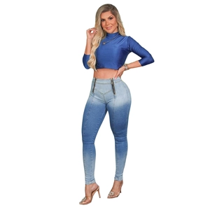 Ensemble femme jean skinny dégradé extensible et haut court bleu marine chic