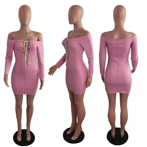 Detailed multi-angle views of pink ribbed off-shoulder dress with white lace-up tie detail
