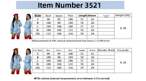 Detailed size chart for distressed light blue denim jacket dress with S-2XL measurements