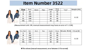 Tableau des tailles pour veste courte en jean femme de S à 2XL avec mesures