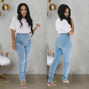 Women's light blue high waisted skinny stretch jeans with front zipper and lifting seam