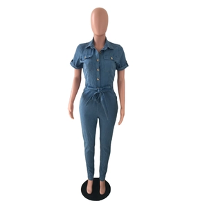 Detailed view of blue denim jumpsuit featuring a collared neck and button-up front closure