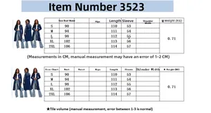 Size chart for women's distressed long sleeve denim coat with detailed measurements