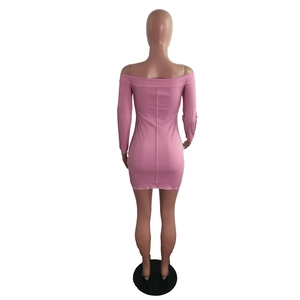 Back view of slim fit off-shoulder rib-knit mini dress in bright pink color