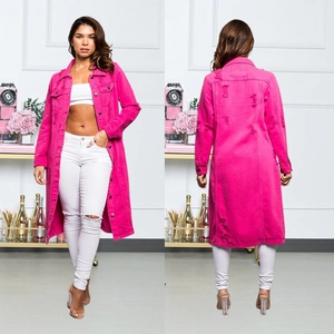 Damen Hot Pink Zerrissenes Denim Maxi Kleid Langarm Geknöpft Gefranst Mantel Streetwear Jeanskleid Outwear