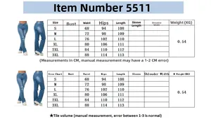 Detailed size chart for women's stretch flare jeans showing S to 3XL measurements