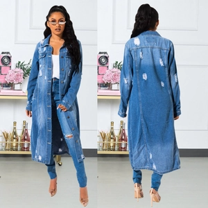 Robe Longue en Denim Vieilli pour Femmes Manches Longues Simple Boutonnage Bleu Délavé Robe Manteau Denim Streetwear