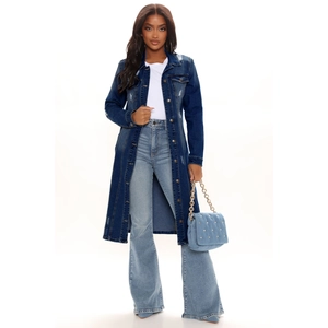 Long dark blue distressed denim trench coat with button closure and lapel collar