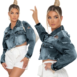 Veste en Jean Courte Déchirée pour Femmes Washed Blue Ripped Manches Longues Streetwear Mode Veste en Denim Courte à Boutons