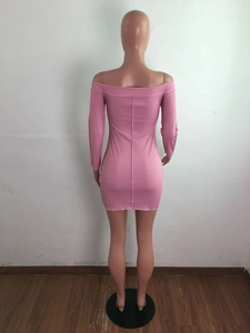 Back view of pink ribbed knit long sleeve off-shoulder mini dress on mannequin
