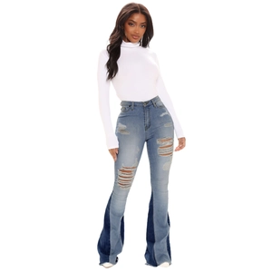 Women's flared jeans with distressed ripped details and stylish blue patchwork hem