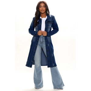 Detail of ripped long-sleeve denim coat with distressed wash and classic buttoned front