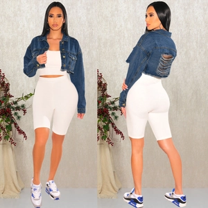 Veste en Jean Courte pour Femme Dos Déchiré Ourlet Effiloché Manches Longues Boutonné Manteau en Jean Streetwear
