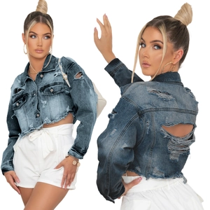 Veste en jean courte pour femme avec délavage vintage et détails déchirés ajourés tendance
