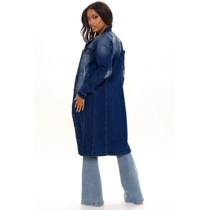 Women's long distressed denim trench coat in dark blue with classic lapel and single-breasted