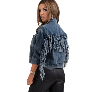 Veste en jean courte pour femme avec longues franges au dos et aux manches bleu foncé