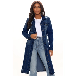 Distressed dark blue long denim trench coat with ripped details and single-breasted design