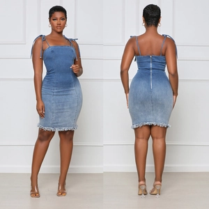 Women Sexy Backless Denim Midi Dress With Adjustable Straps Gradient Acid Wash Bodycon Jean Dress With Raw Hem And Back Zipper