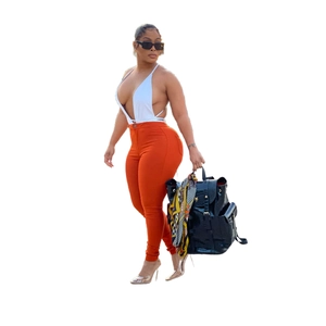 Women's stylish high waist orange skinny pants with white halter neck bodysuit set