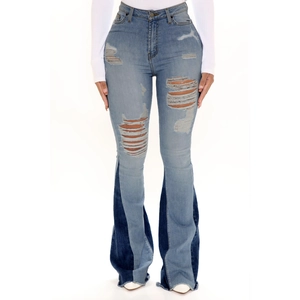 Women high waisted distressed flare jeans with two-tone patch and frayed hem