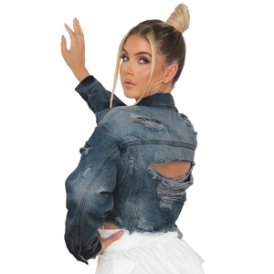 Veste courte en jean pour femme avec détails déchirés usés et délavage bleu dégradé