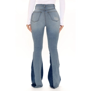 Women's high waist flared jeans with patchwork denim hem and distressed back pocket