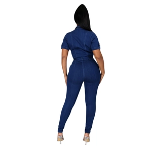 Slim fit dark blue denim jumpsuit for women with short sleeves and white stitching detail