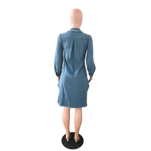 Detail of the light blue denim shirt dress showing the frayed hem and back pleat detail