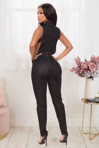 Slim fit black sleeveless denim jumpsuit featuring a stylish backless cutout design details