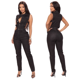 Slim fit black denim sleeveless jumpsuit with waist cutouts and front metal buttons