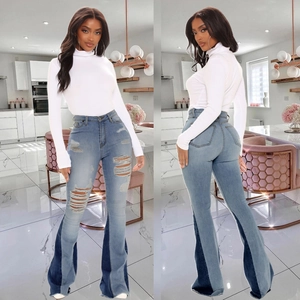 Women's High Waist Ripped Flare Jeans Patchwork Distressed Bell Bottom Denim Pants With Raw Hem Streetwear Fashion