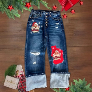 Christmas Women Distressed Straight Jeans Santa Claus Snowflake Print Ripped Washed Denim Pants Merry Christmas Mid Waist Wide Cuffed Hem